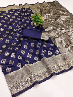 Profuse Navy Blue Soft Silk Saree With Splendorous Blouse Piece
