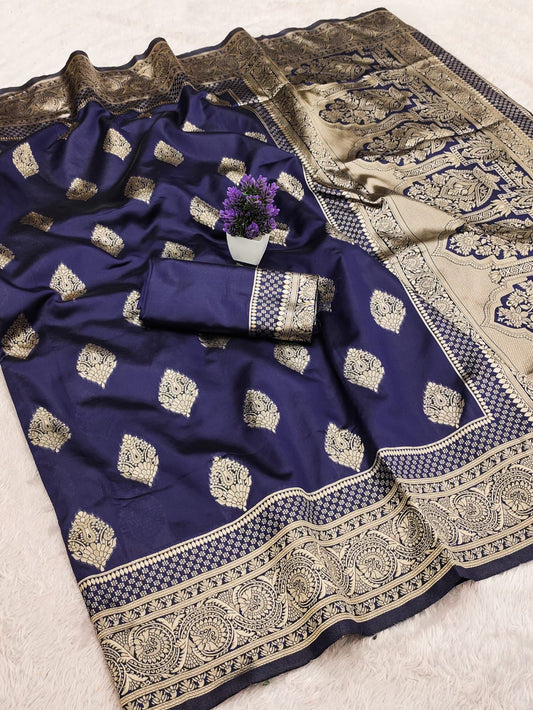 Ornate Navy Blue Soft Silk Saree With Surpassing Blouse Piece