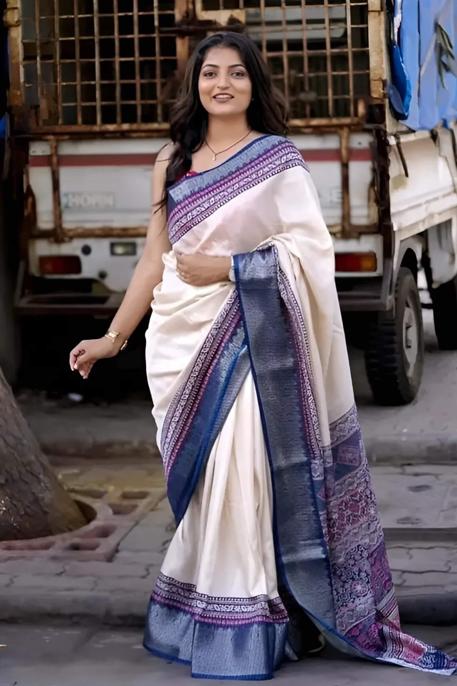 Sizzling Beige Digital Printed Dola Silk Saree With Gleaming Blouse Piece