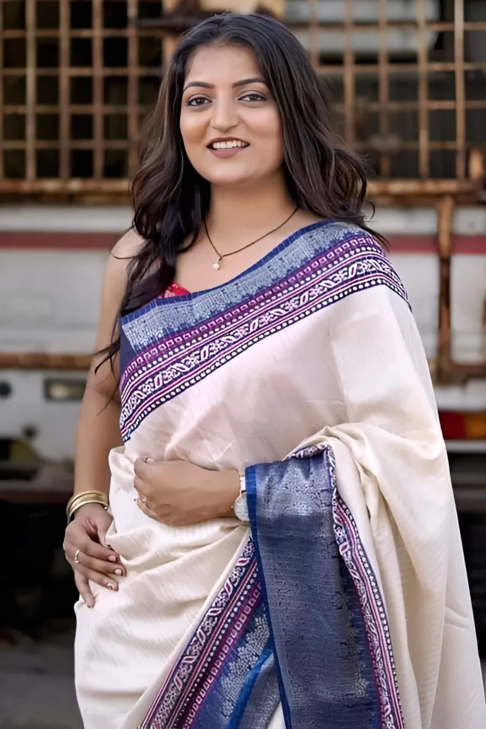 Sizzling Beige Digital Printed Dola Silk Saree With Gleaming Blouse Piece