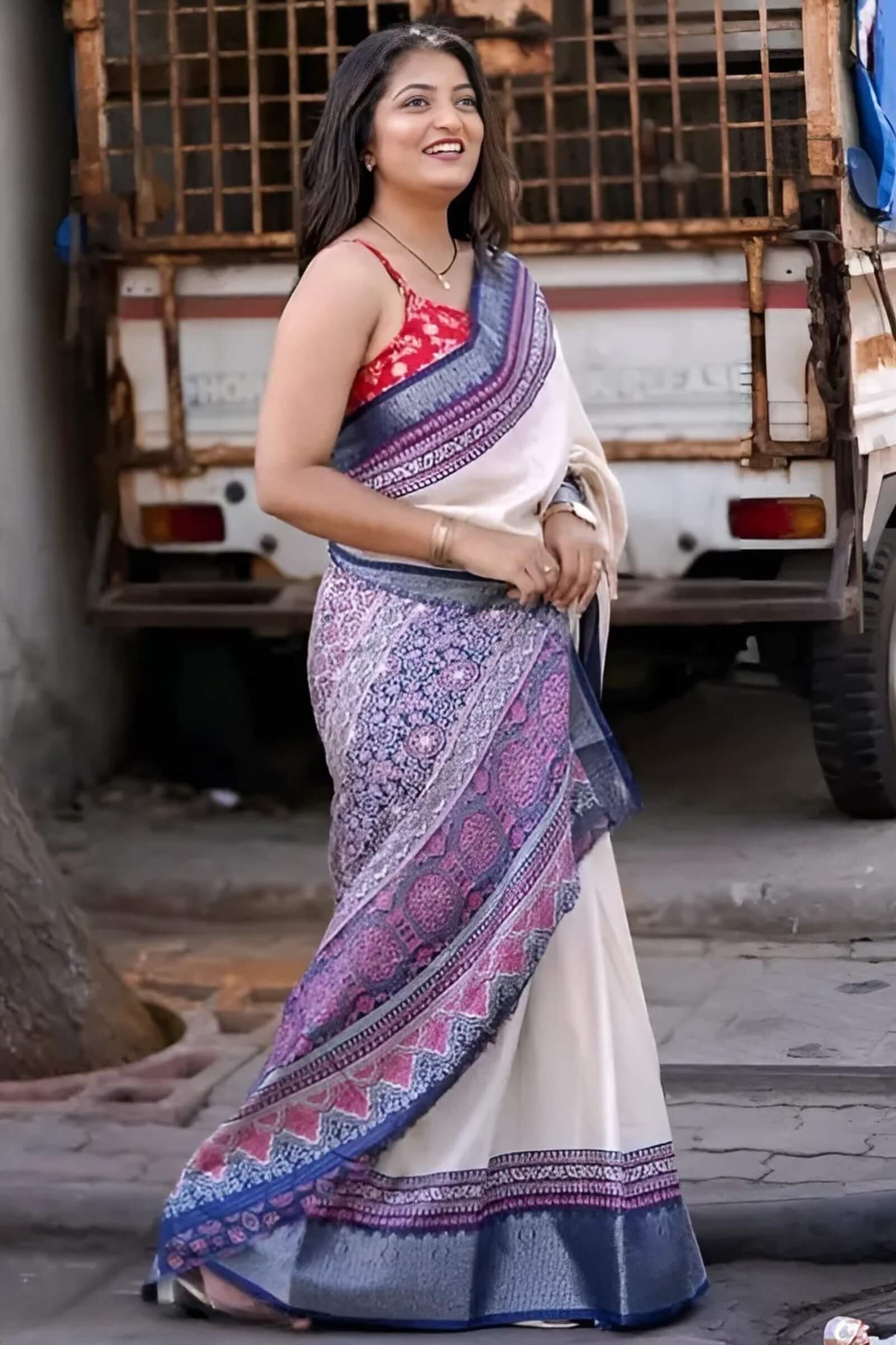 Sizzling Beige Digital Printed Dola Silk Saree With Gleaming Blouse Piece
