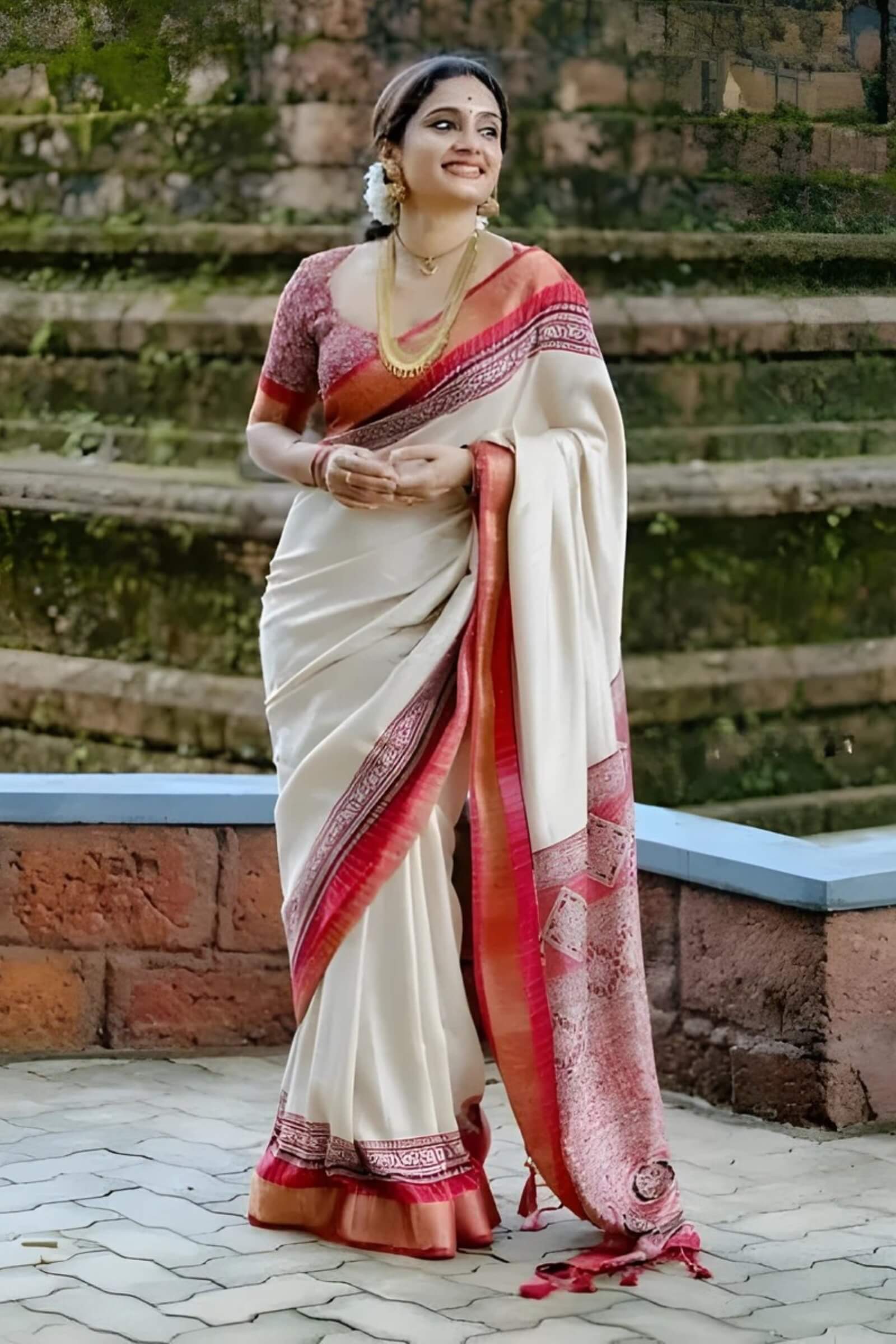 Beauteous Beige Digital Printed Dola Silk Saree With Beautiful Blouse Piece