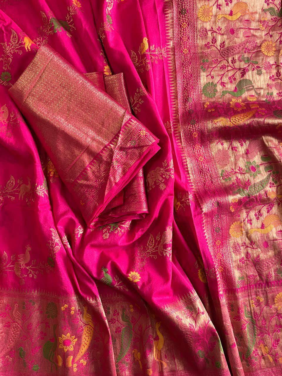 Precious Dark Pink Soft Banarasi Silk Saree With Adorable Blouse Piece