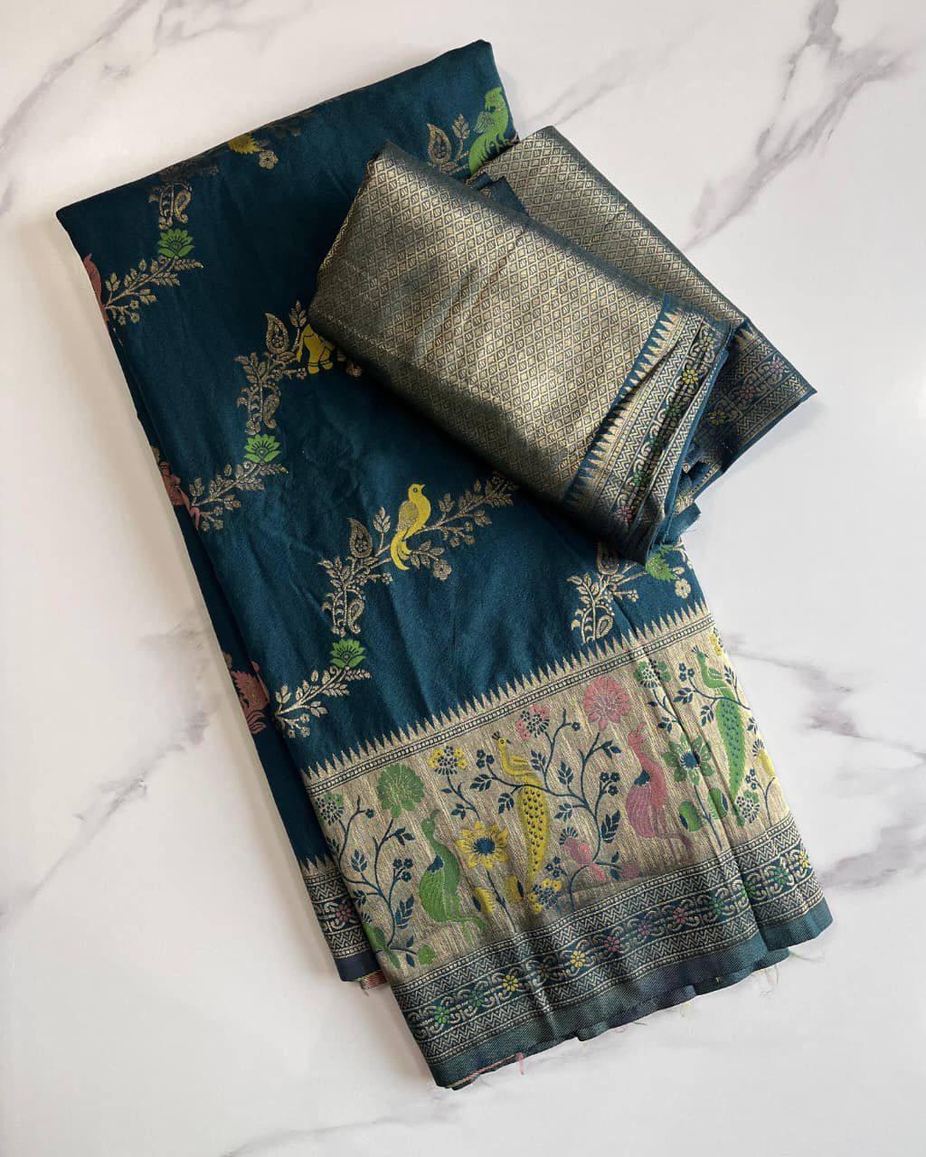 Scintilla Rama Soft Banarasi Silk Saree With Desirable Blouse Piece