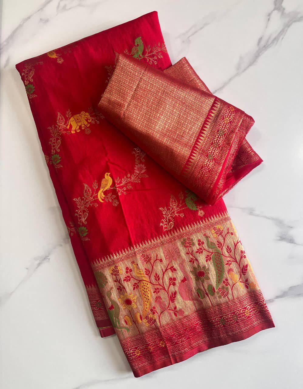 Vestigial Red Soft Banarasi Silk Saree With Designer Blouse Piece