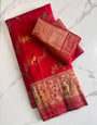 Vestigial Red Soft Banarasi Silk Saree With Designer Blouse Piece