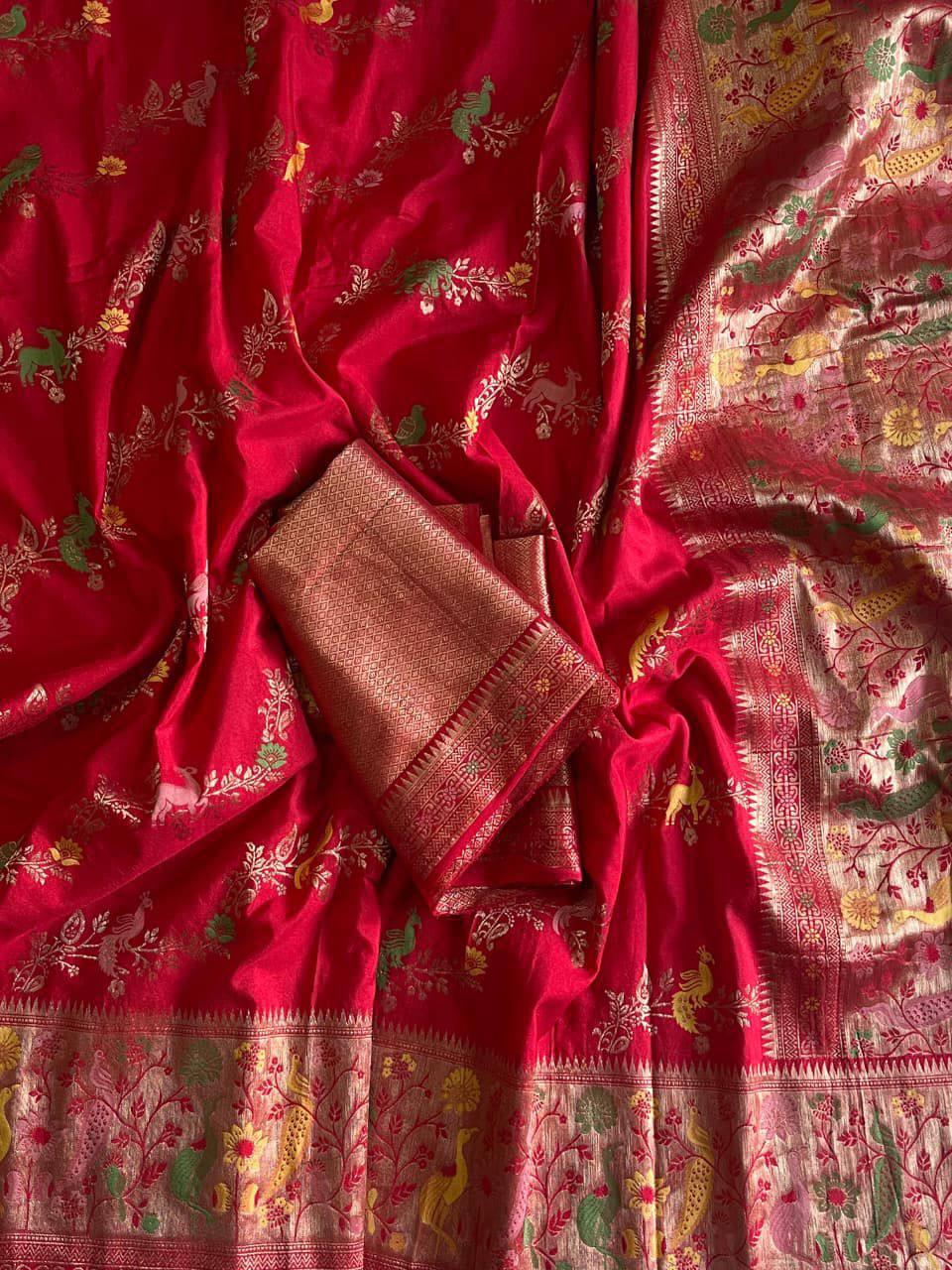 Vestigial Red Soft Banarasi Silk Saree With Designer Blouse Piece