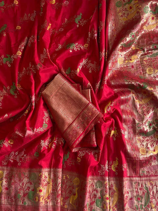 Vestigial Red Soft Banarasi Silk Saree With Designer Blouse Piece