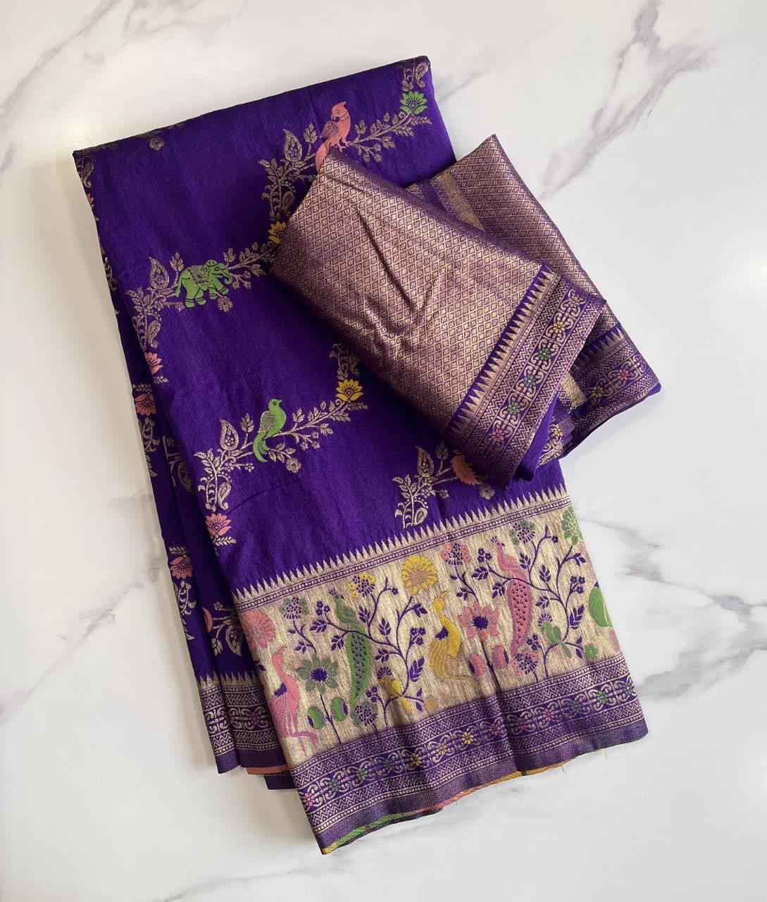 Serendipity Royal Purple Soft Banarasi Silk Saree With Surpassing Blouse Piece