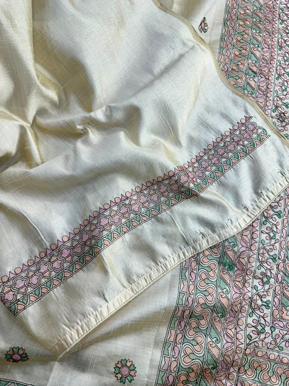 Traditional Beige Embroidery Work Tussar Silk Saree With Comely Blouse Piece