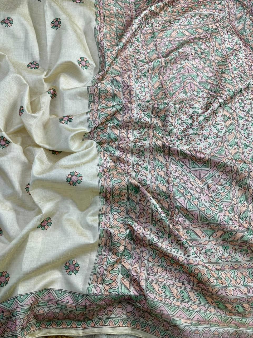 Traditional Beige Embroidery Work Tussar Silk Saree With Comely Blouse Piece