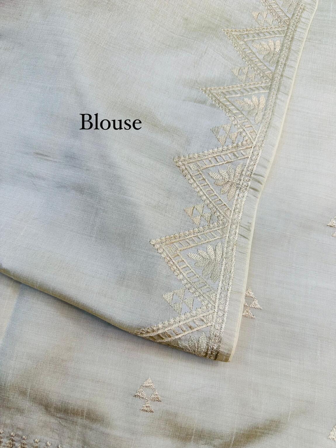 Ethereal Off White Embroidery Work Tussar Silk Saree With Adoring Blouse Piece