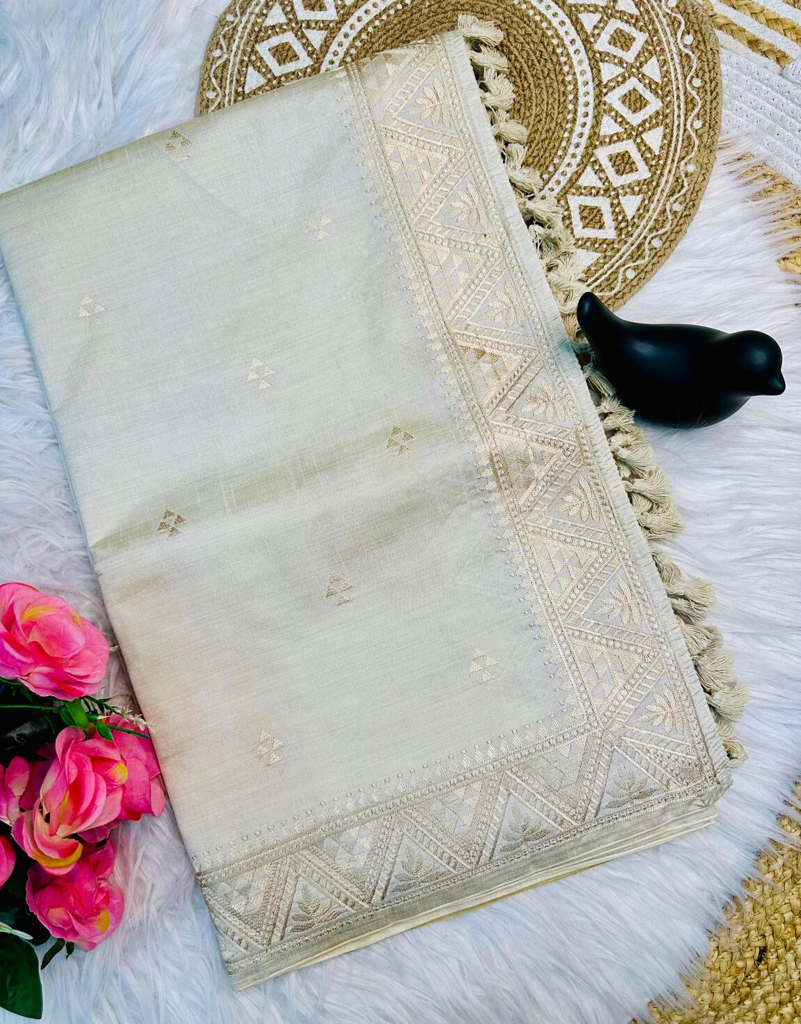 Ethereal Off White Embroidery Work Tussar Silk Saree With Adoring Blouse Piece