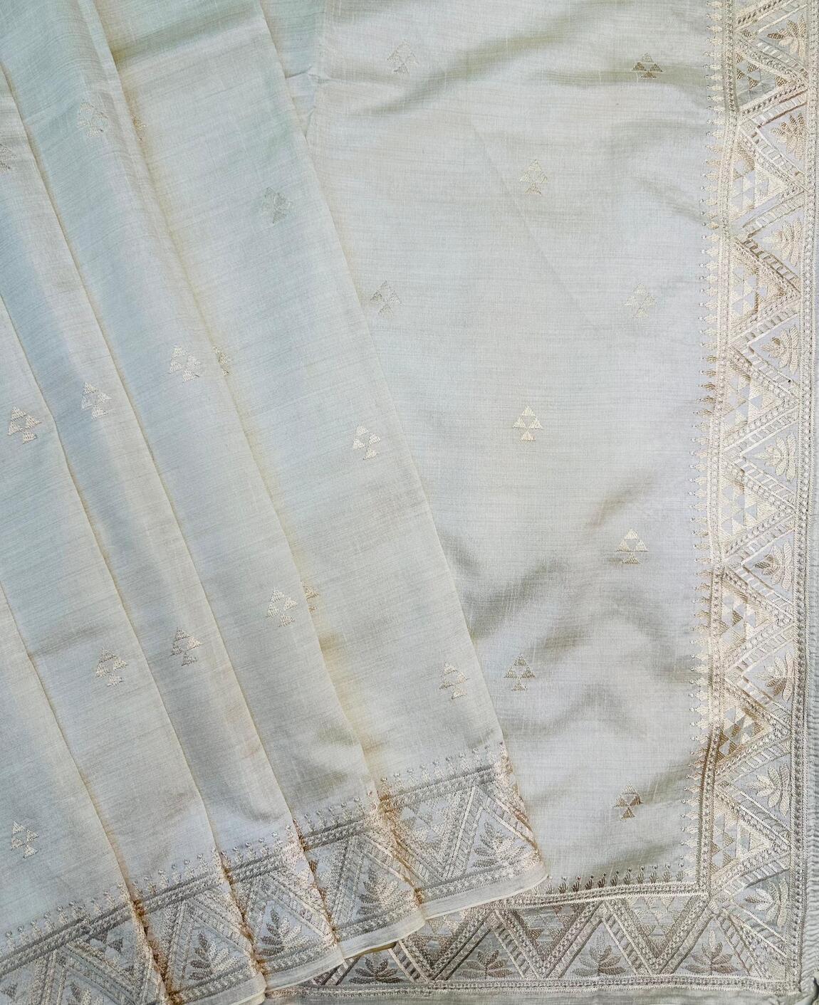 Ethereal Off White Embroidery Work Tussar Silk Saree With Adoring Blouse Piece