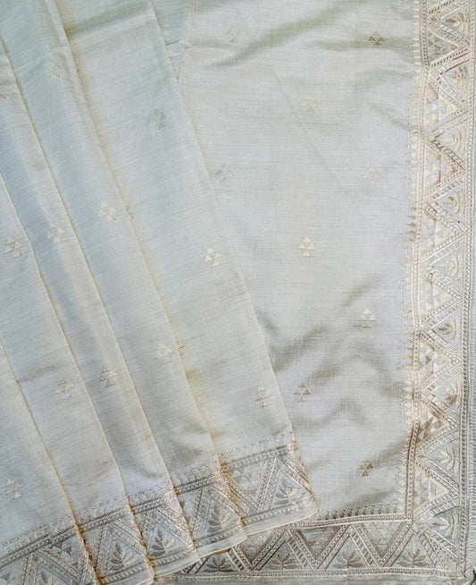 Ethereal Off White Embroidery Work Tussar Silk Saree With Adoring Blouse Piece