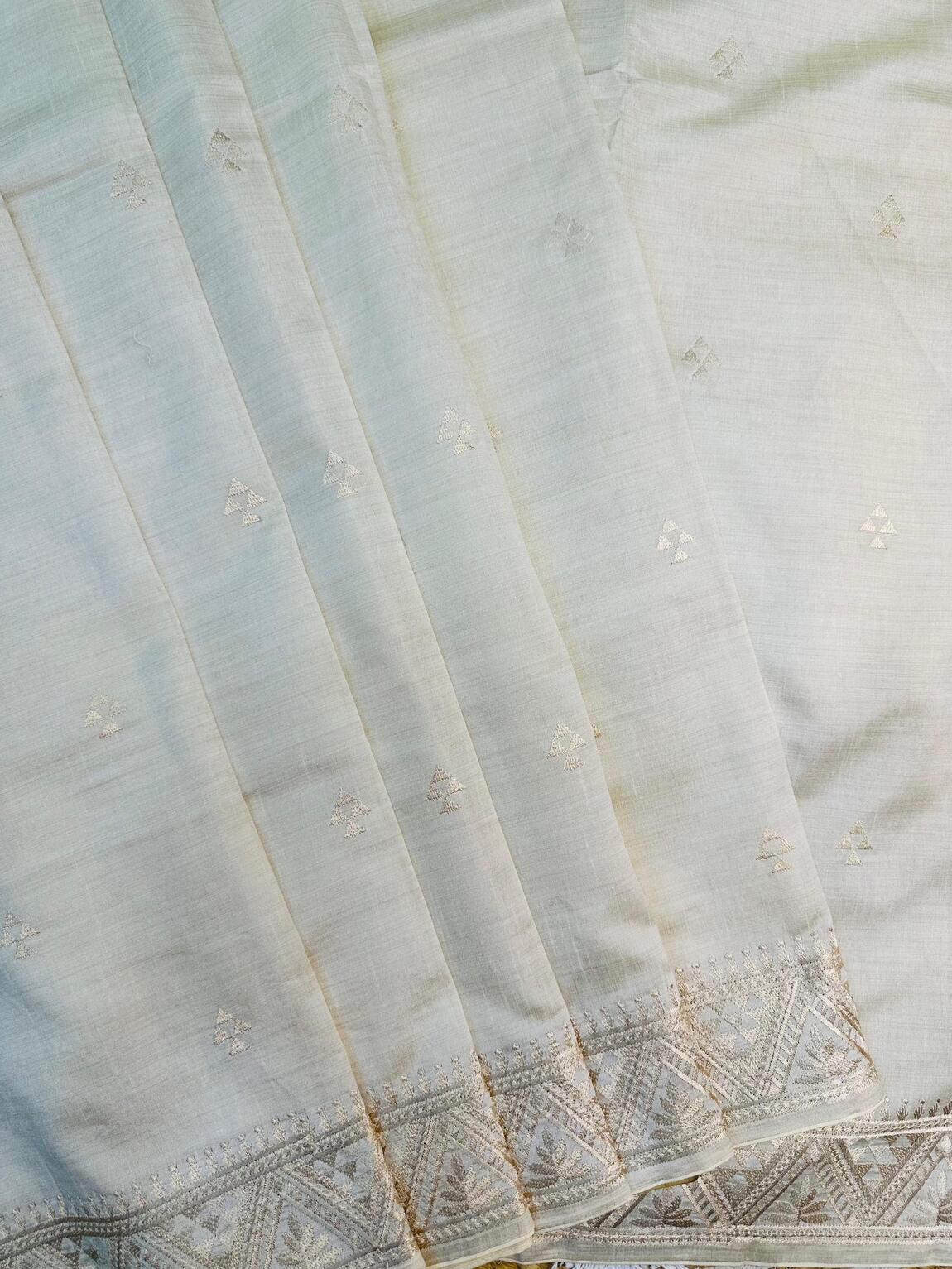 Ethereal Off White Embroidery Work Tussar Silk Saree With Adoring Blouse Piece