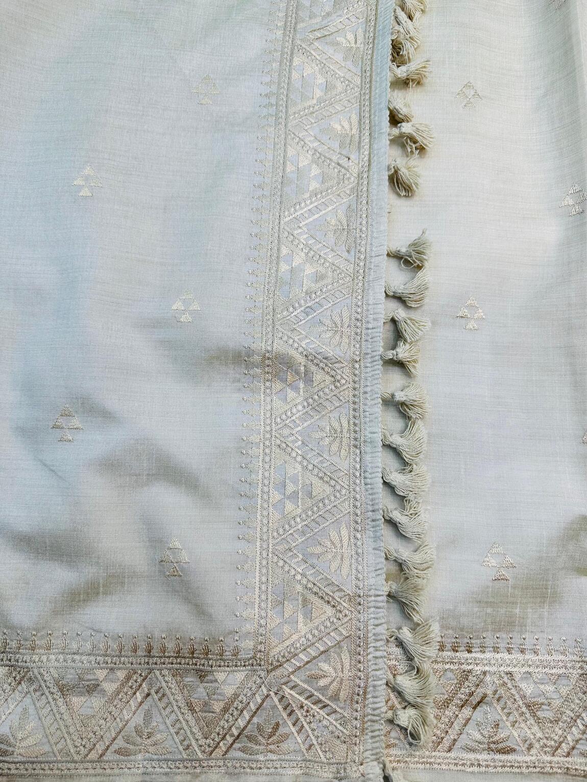 Ethereal Off White Embroidery Work Tussar Silk Saree With Adoring Blouse Piece