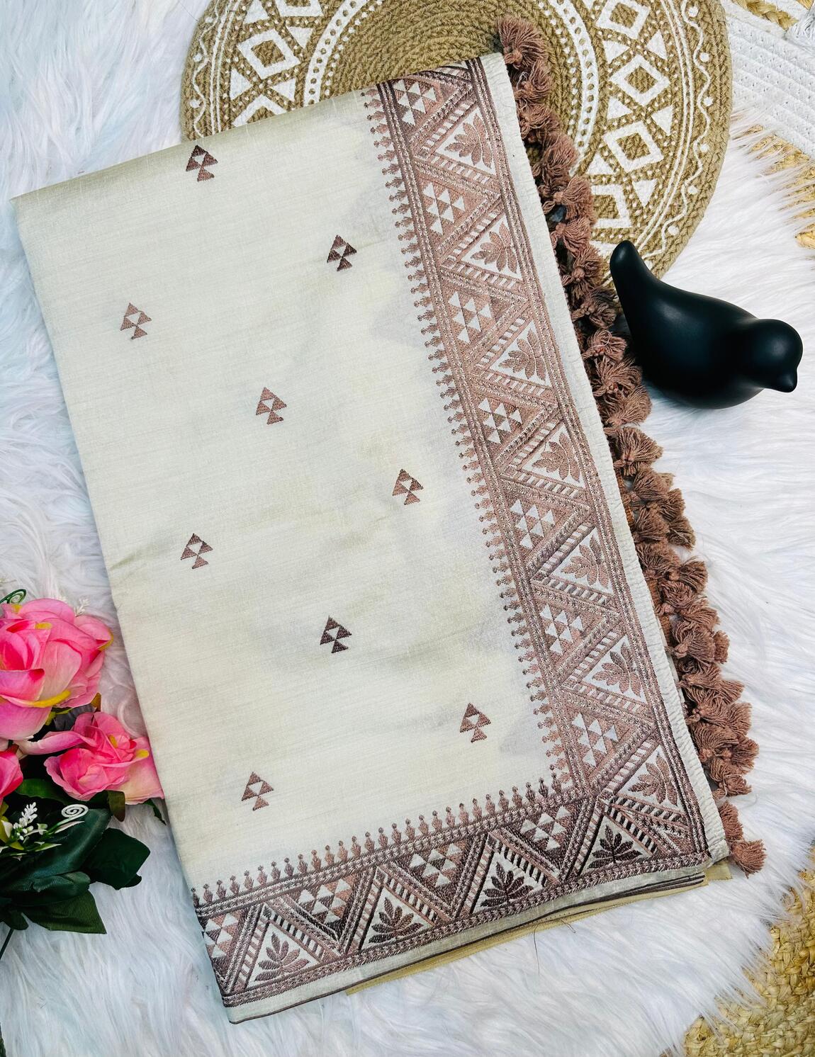 Prettiest Off White Embroidery Work Tussar Silk Saree With Prominent Blouse Piece