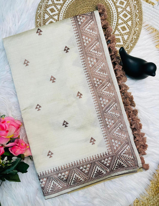Prettiest Off White Embroidery Work Tussar Silk Saree With Prominent Blouse Piece