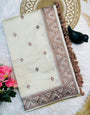 Prettiest Off White Embroidery Work Tussar Silk Saree With Prominent Blouse Piece