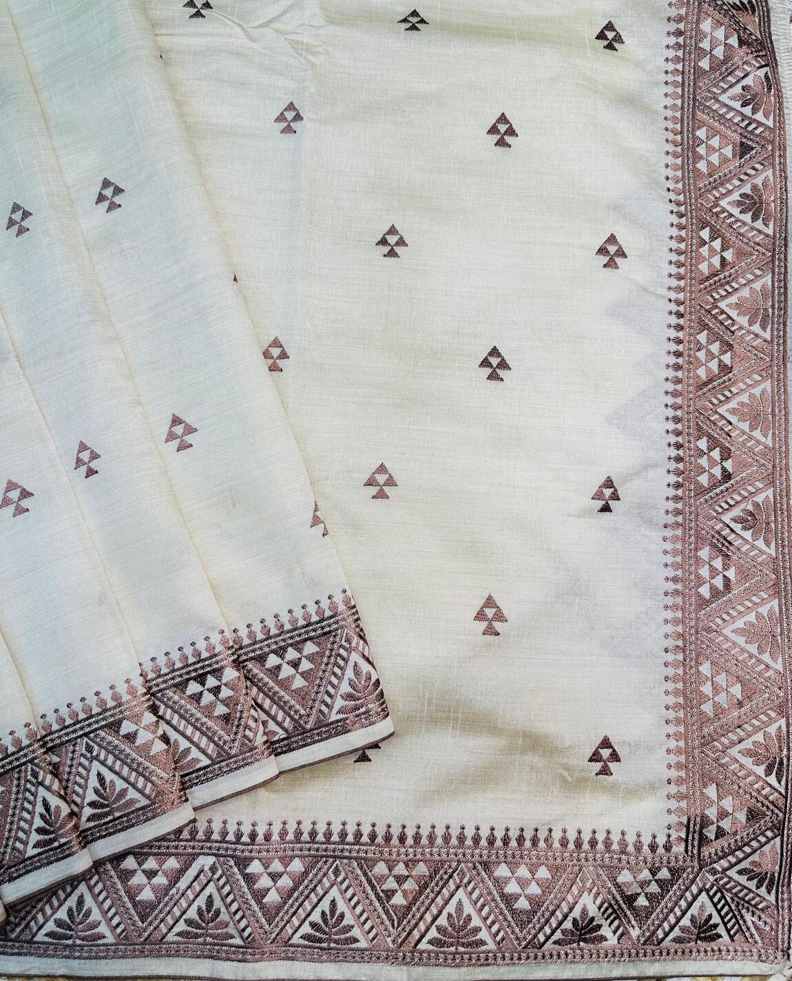 Prettiest Off White Embroidery Work Tussar Silk Saree With Prominent Blouse Piece