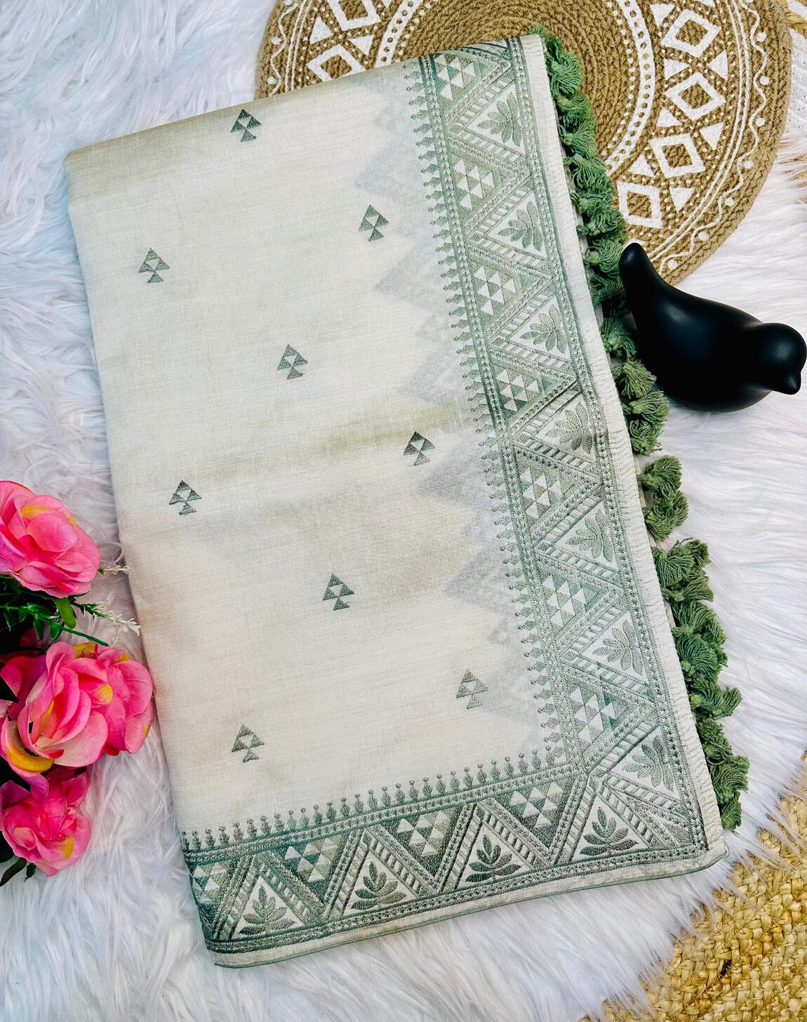 Beguiling Off White Embroidery Work Tussar Silk Saree With Aplomb Blouse Piece