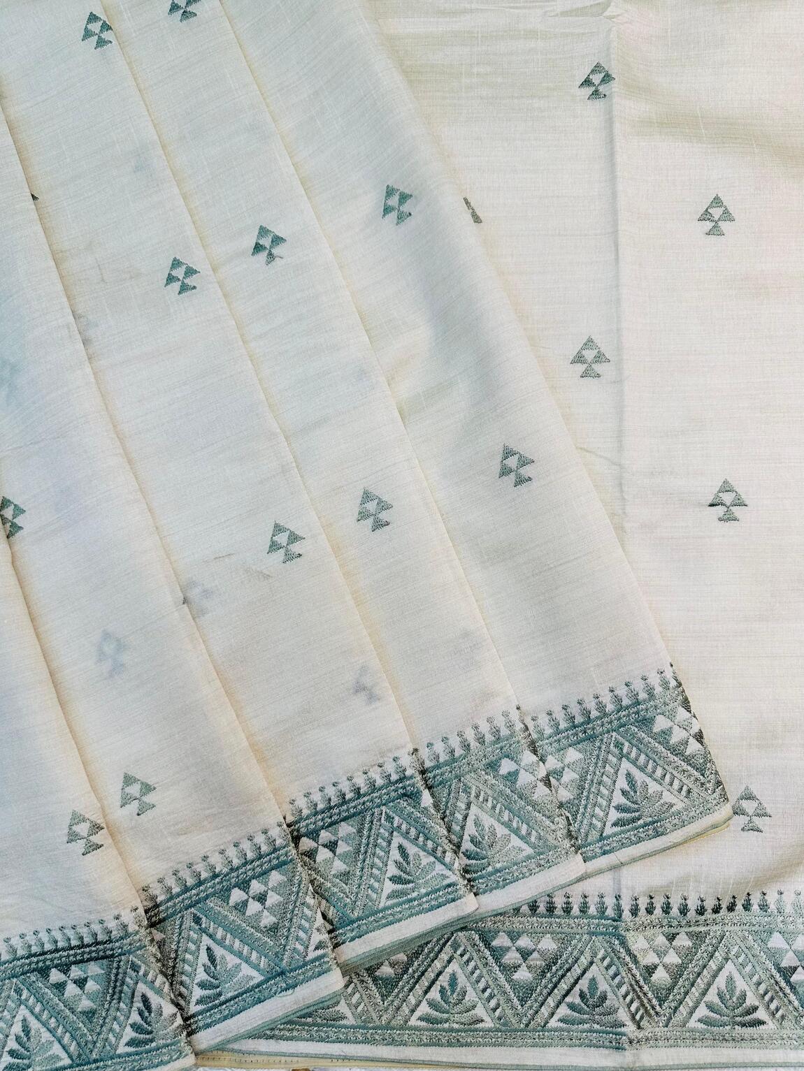 Beguiling Off White Embroidery Work Tussar Silk Saree With Aplomb Blouse Piece