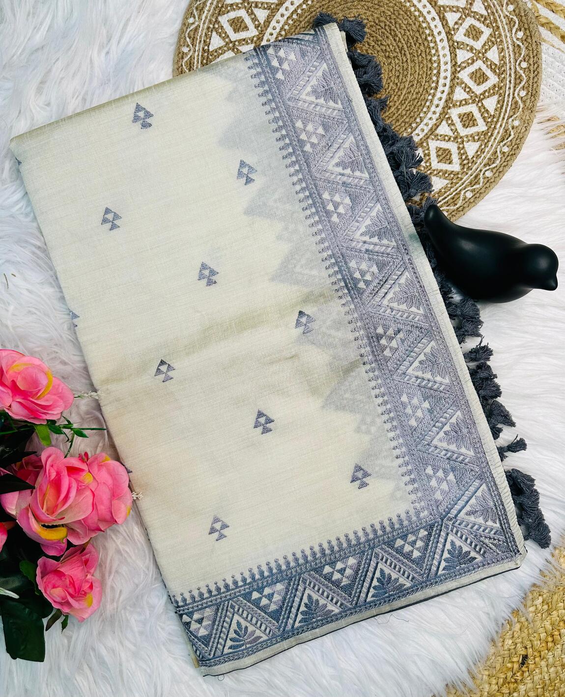 Pleasurable Off White Embroidery Work Tussar Silk Saree With Super classy Blouse Piece