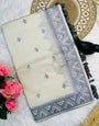 Pleasurable Off White Embroidery Work Tussar Silk Saree With Super classy Blouse Piece
