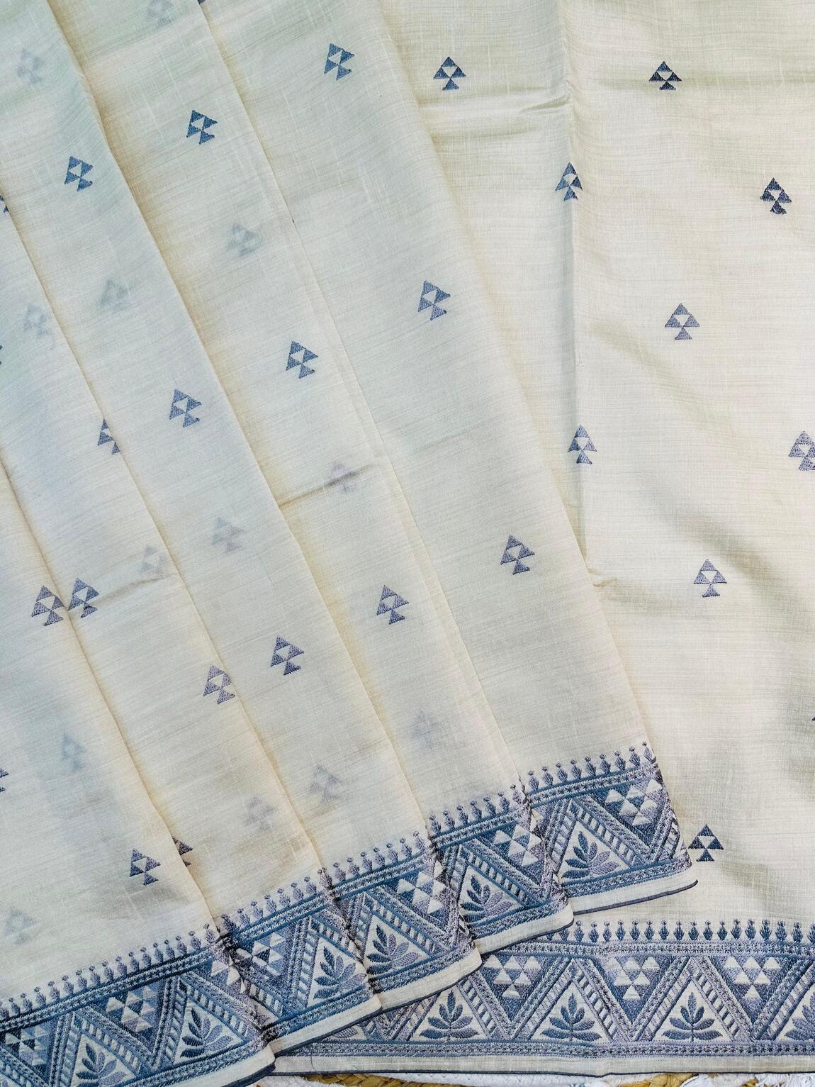 Pleasurable Off White Embroidery Work Tussar Silk Saree With Super classy Blouse Piece