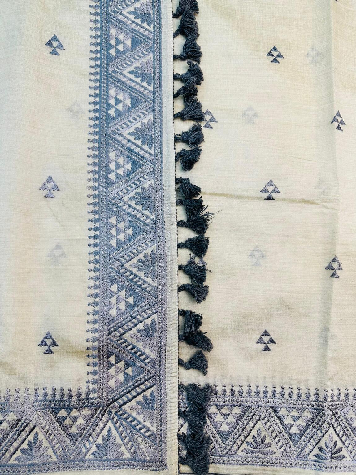 Pleasurable Off White Embroidery Work Tussar Silk Saree With Super classy Blouse Piece
