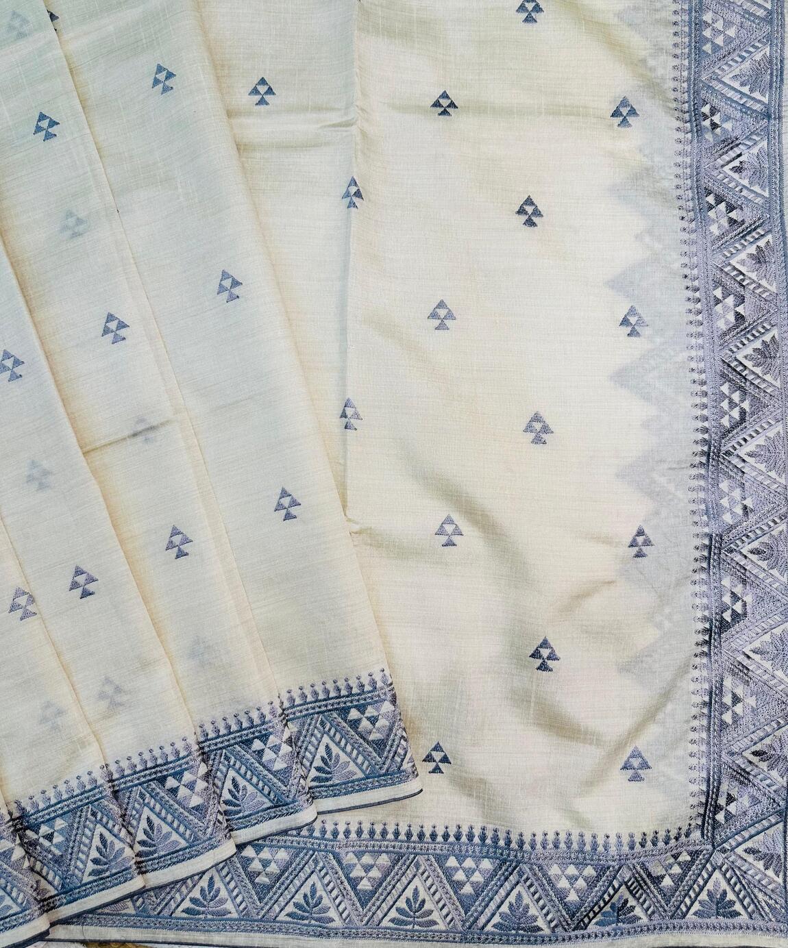 Pleasurable Off White Embroidery Work Tussar Silk Saree With Super classy Blouse Piece