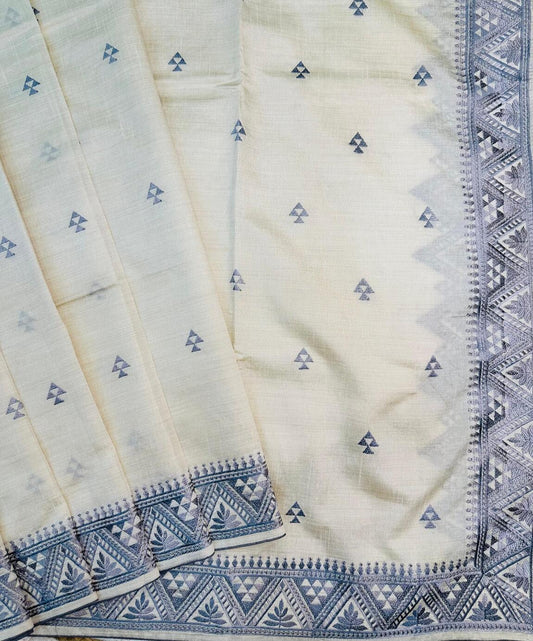 Pleasurable Off White Embroidery Work Tussar Silk Saree With Super classy Blouse Piece