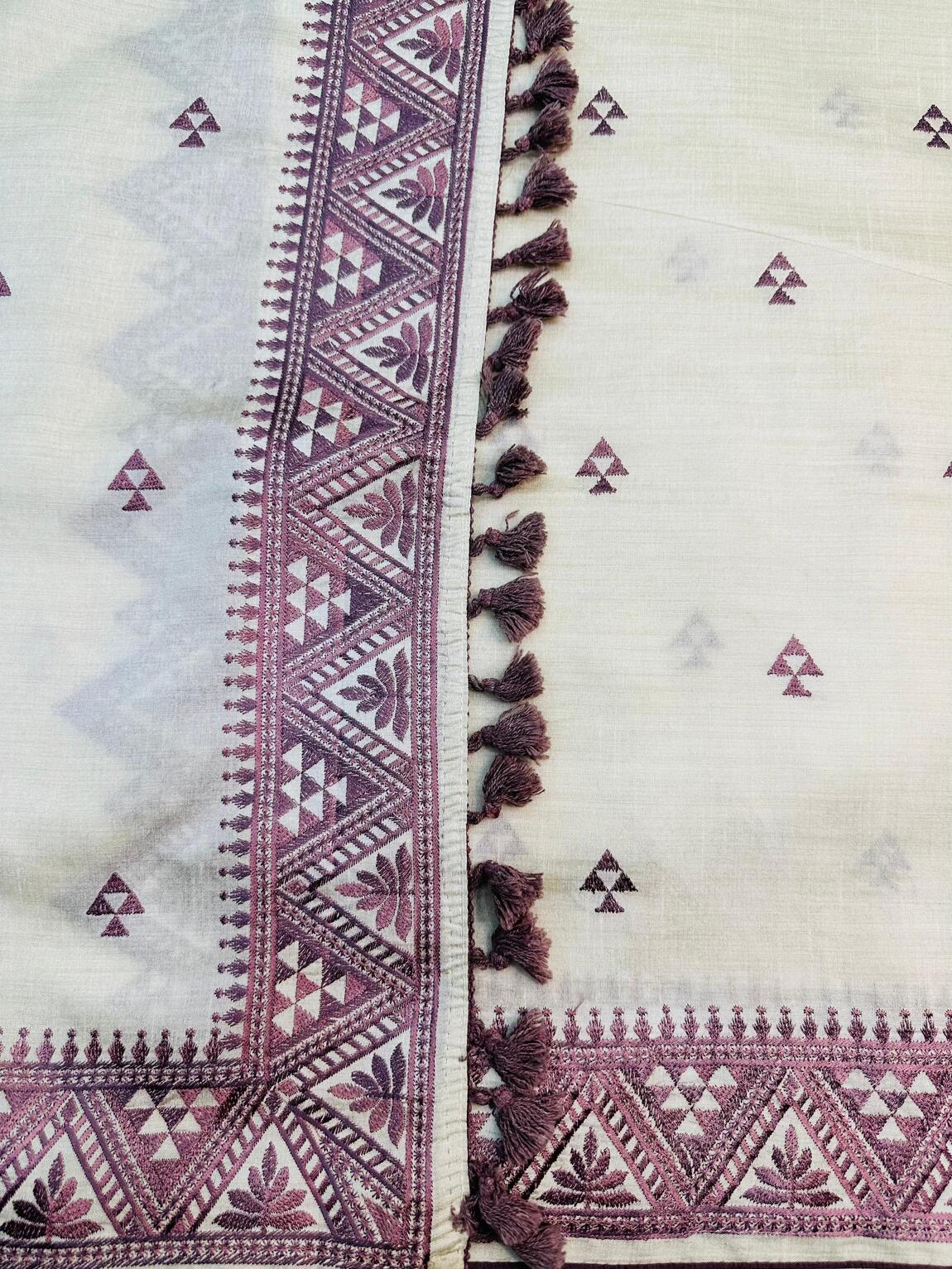Symmetrical Off White Embroidery Work Tussar Silk Saree With Flamboyant Blouse Piece