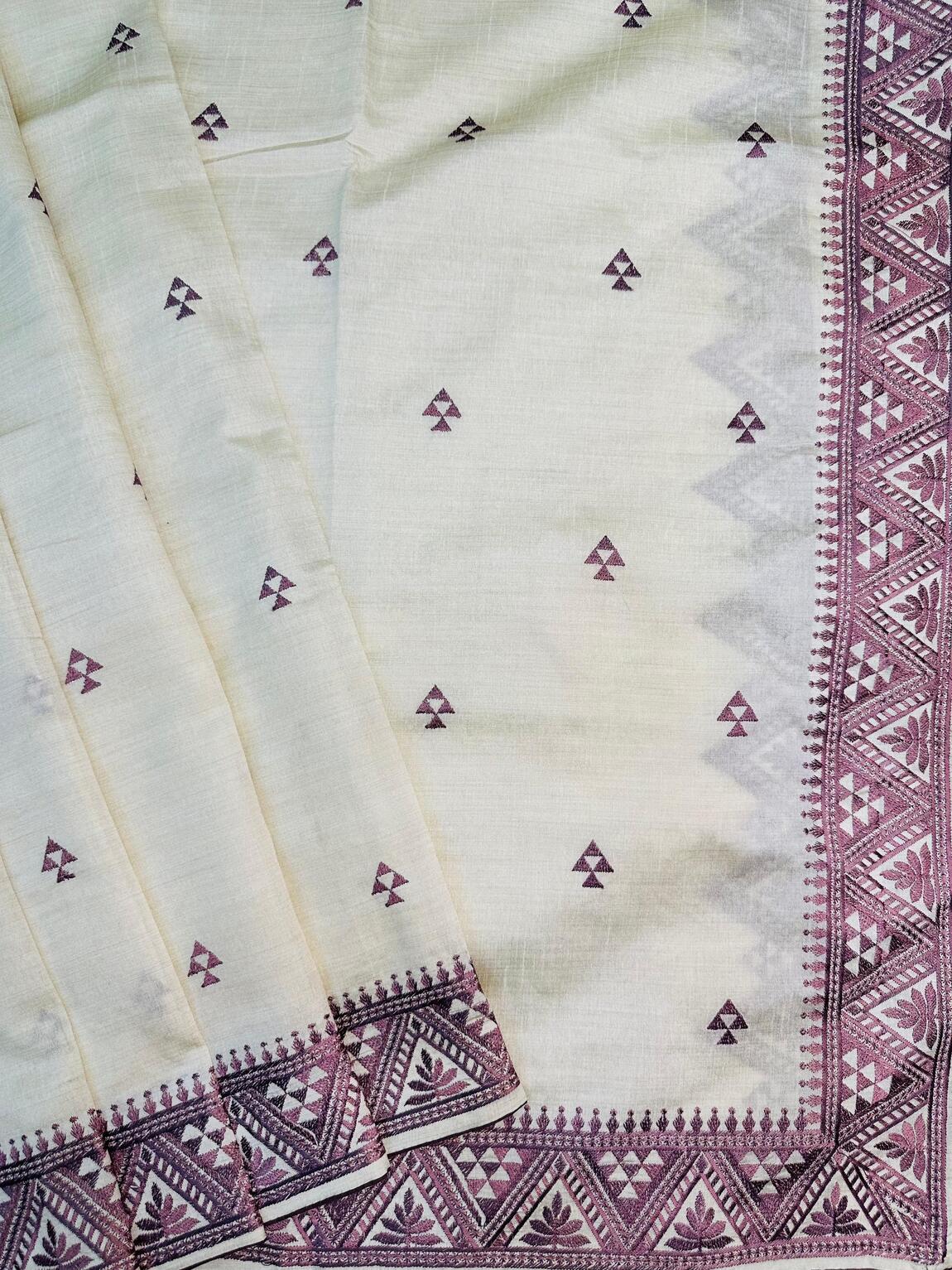 Symmetrical Off White Embroidery Work Tussar Silk Saree With Flamboyant Blouse Piece