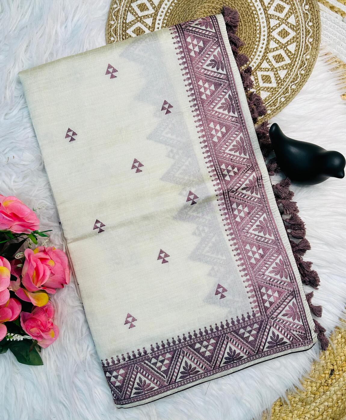 Symmetrical Off White Embroidery Work Tussar Silk Saree With Flamboyant Blouse Piece