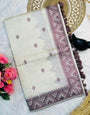 Symmetrical Off White Embroidery Work Tussar Silk Saree With Flamboyant Blouse Piece