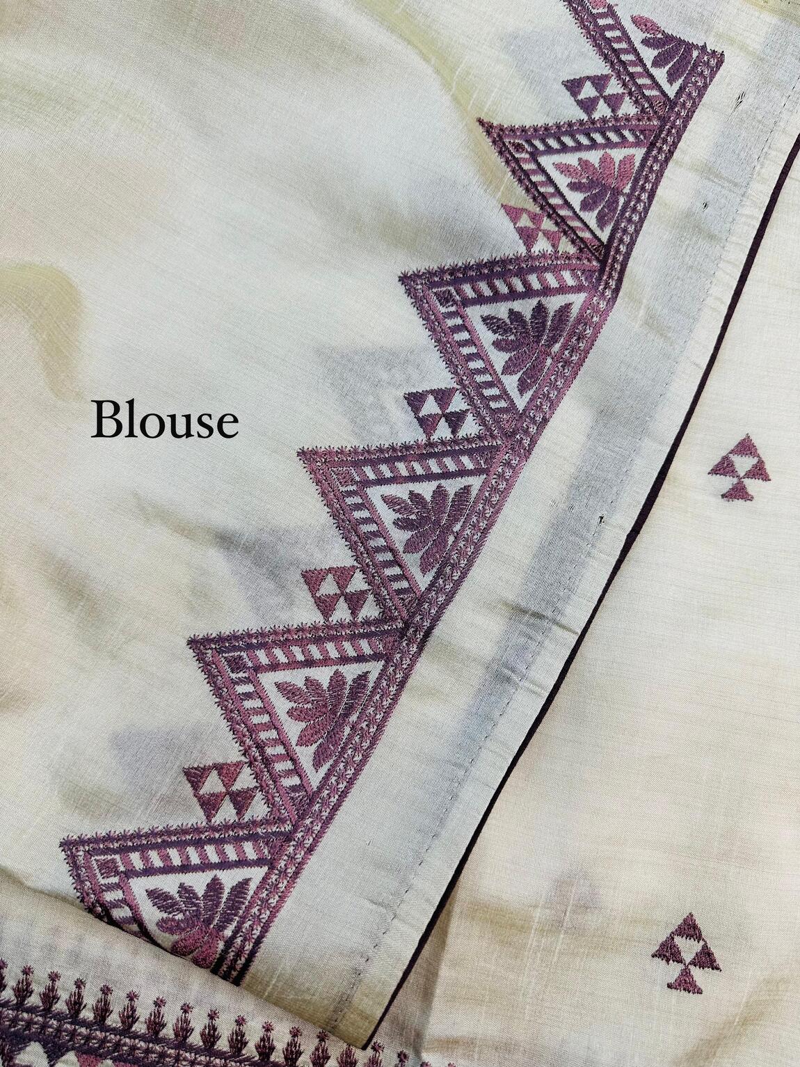 Symmetrical Off White Embroidery Work Tussar Silk Saree With Flamboyant Blouse Piece