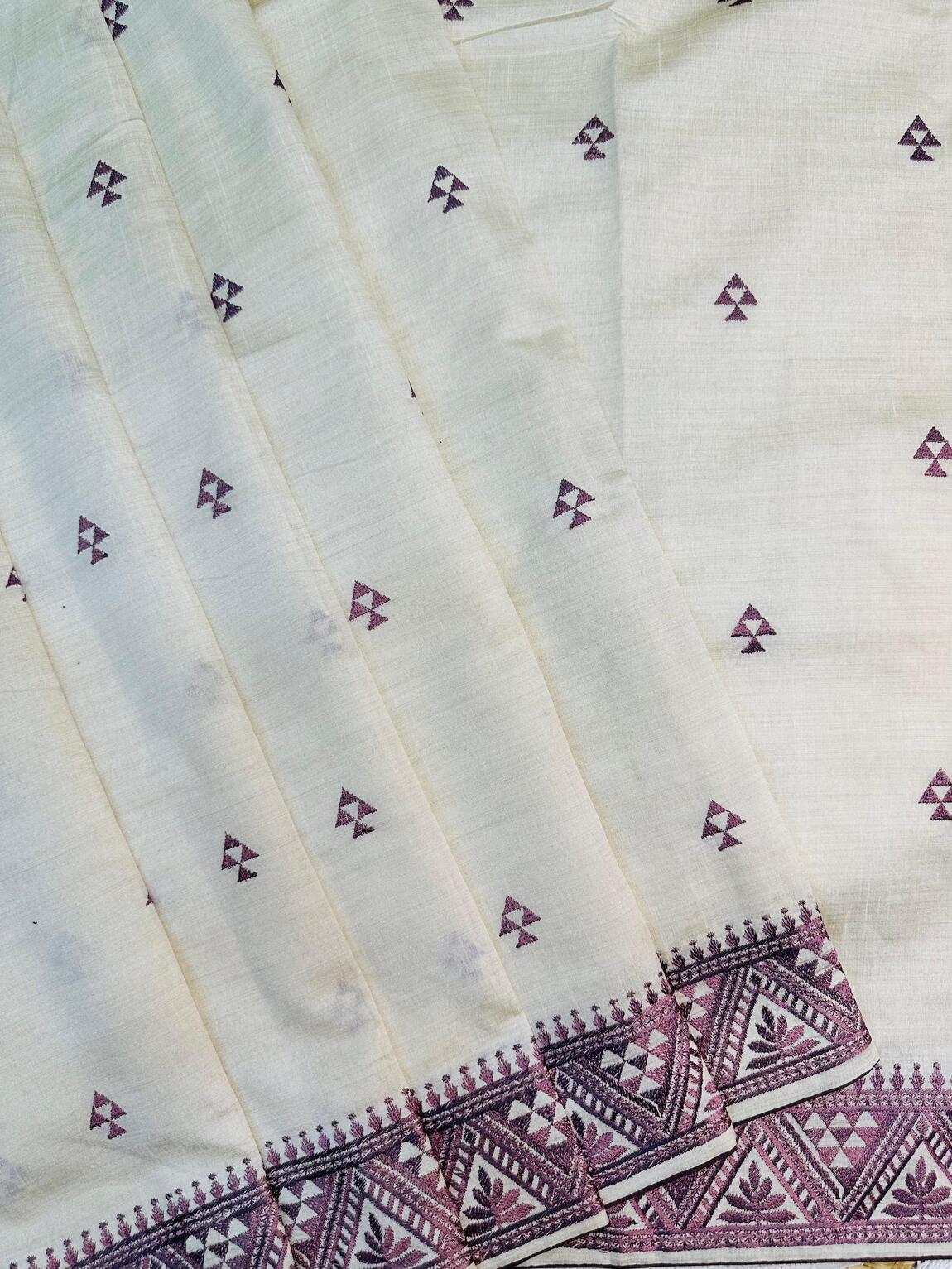 Symmetrical Off White Embroidery Work Tussar Silk Saree With Flamboyant Blouse Piece