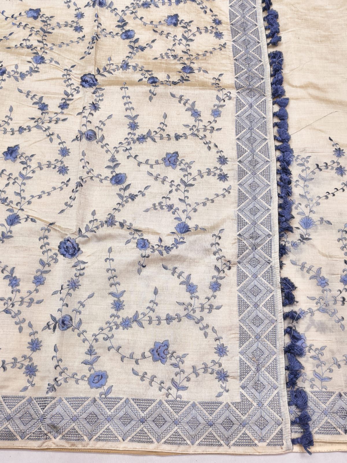 Stylish Beige Embroidery Work Tussar Silk Saree With Gratifying Blouse Piece