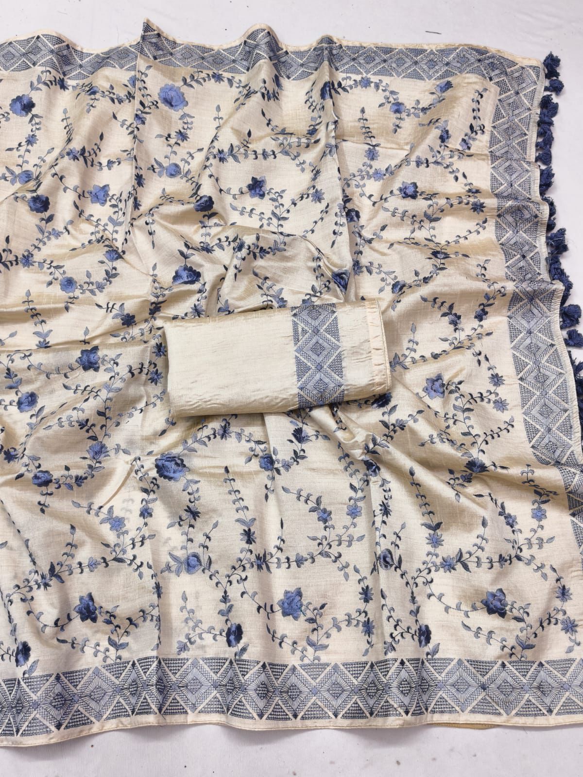 Stylish Beige Embroidery Work Tussar Silk Saree With Gratifying Blouse Piece