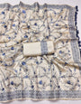 Stylish Beige Embroidery Work Tussar Silk Saree With Gratifying Blouse Piece