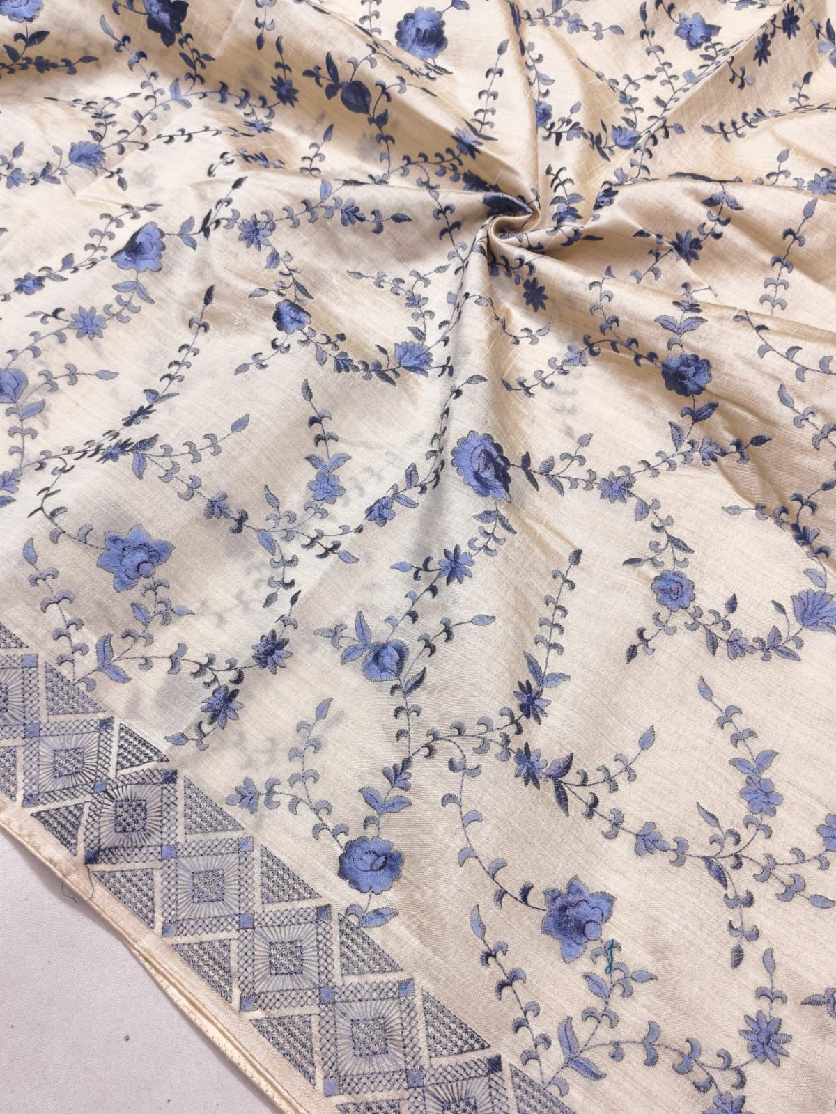 Stylish Beige Embroidery Work Tussar Silk Saree With Gratifying Blouse Piece