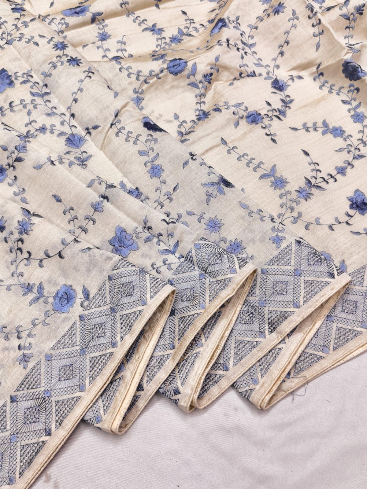 Stylish Beige Embroidery Work Tussar Silk Saree With Gratifying Blouse Piece