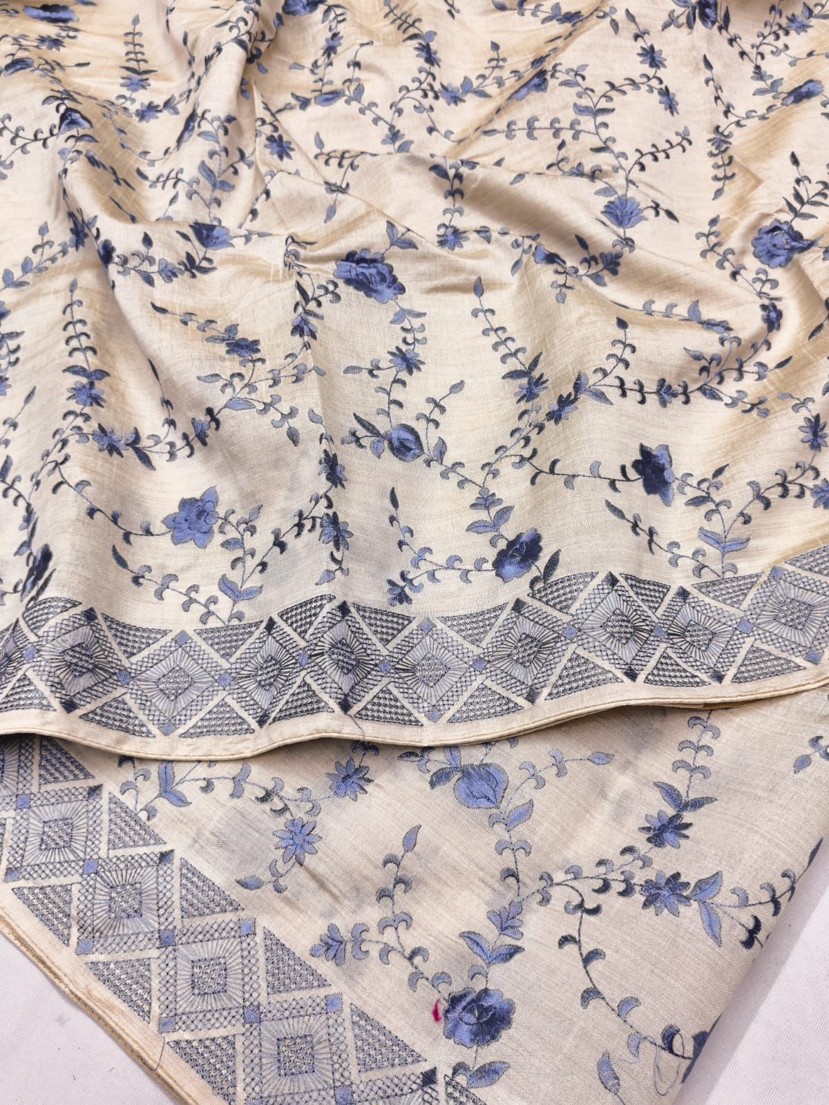 Stylish Beige Embroidery Work Tussar Silk Saree With Gratifying Blouse Piece