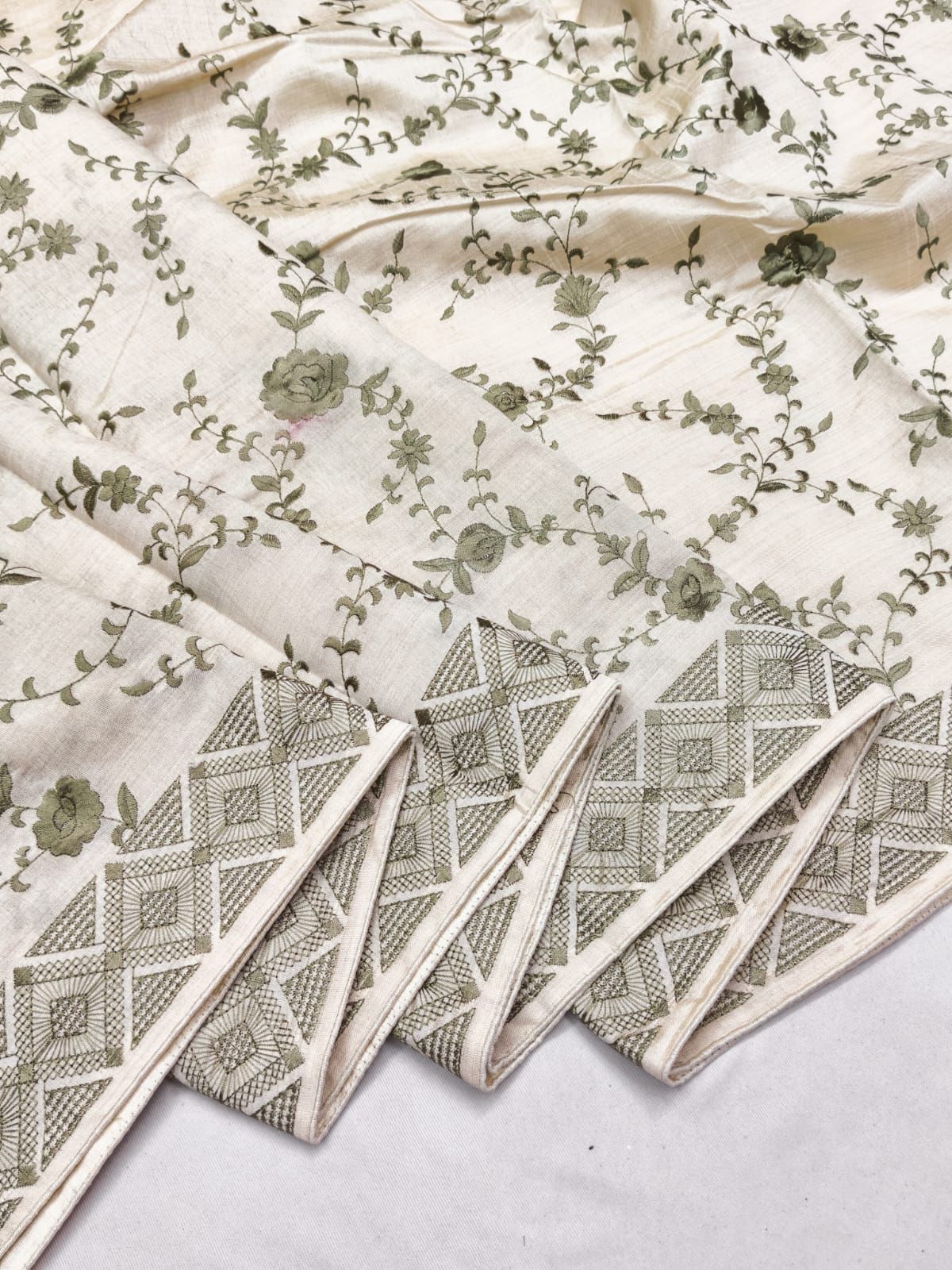 Intricate Beige Embroidery Work Tussar Silk Saree With Opulent Blouse Piece