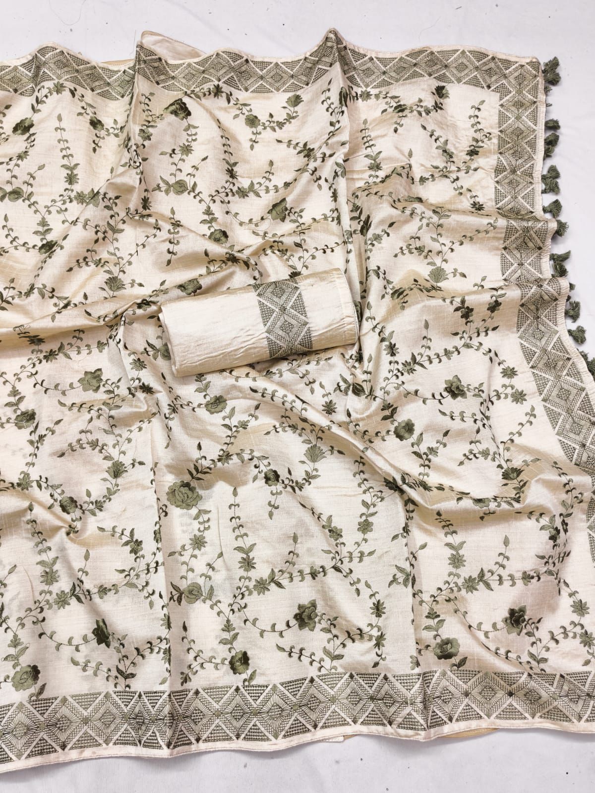 Intricate Beige Embroidery Work Tussar Silk Saree With Opulent Blouse Piece