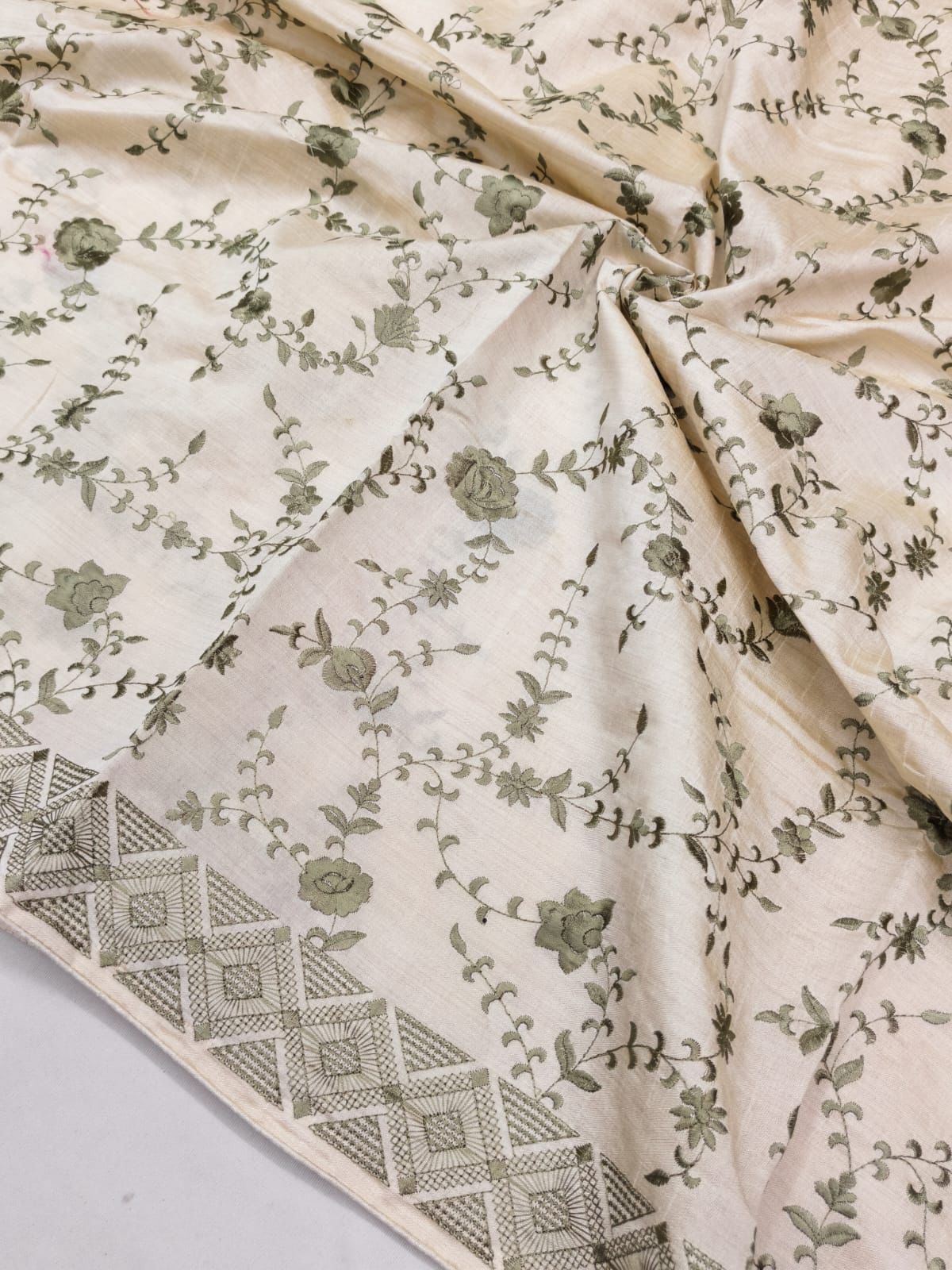 Intricate Beige Embroidery Work Tussar Silk Saree With Opulent Blouse Piece