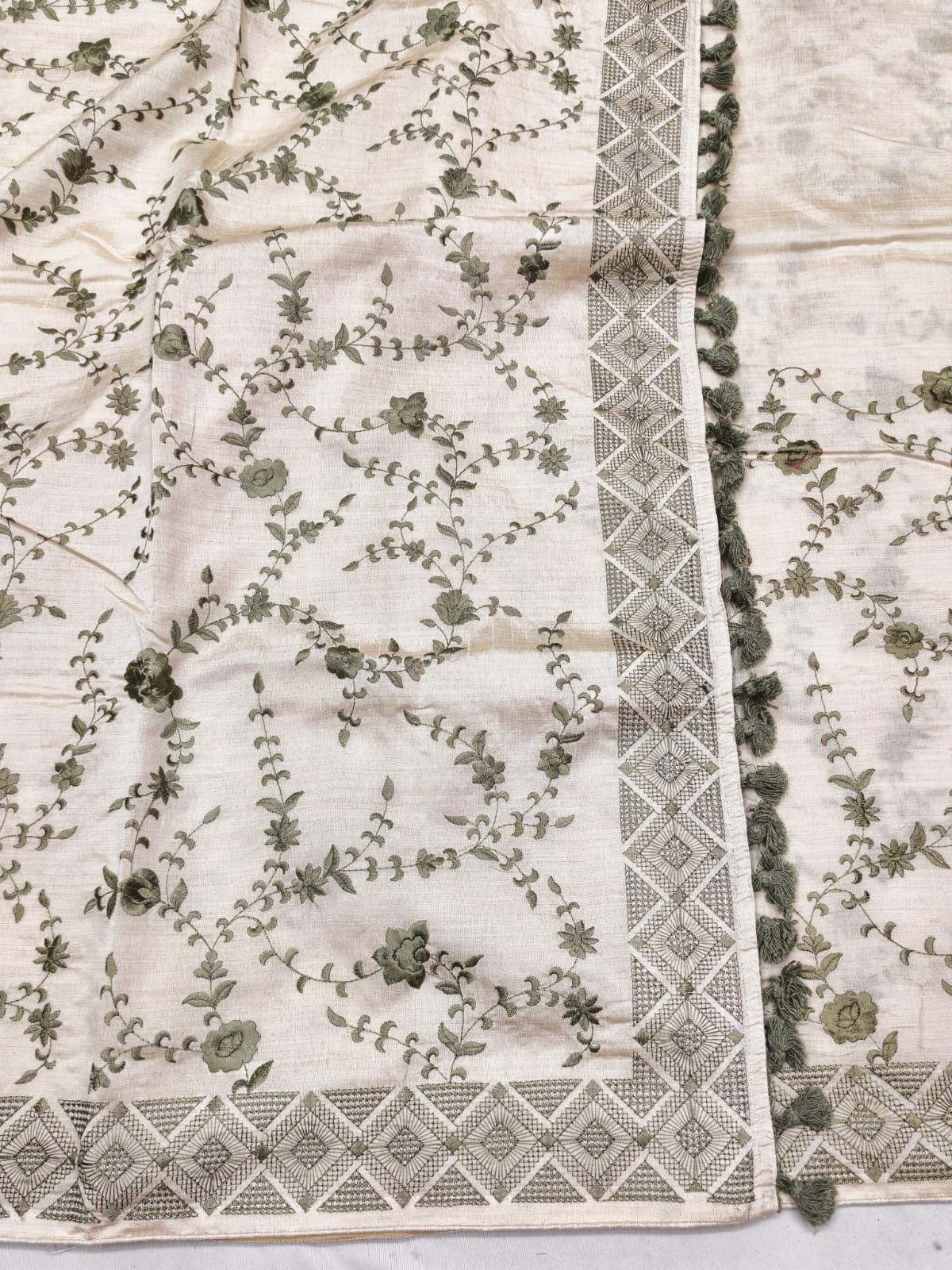 Intricate Beige Embroidery Work Tussar Silk Saree With Opulent Blouse Piece
