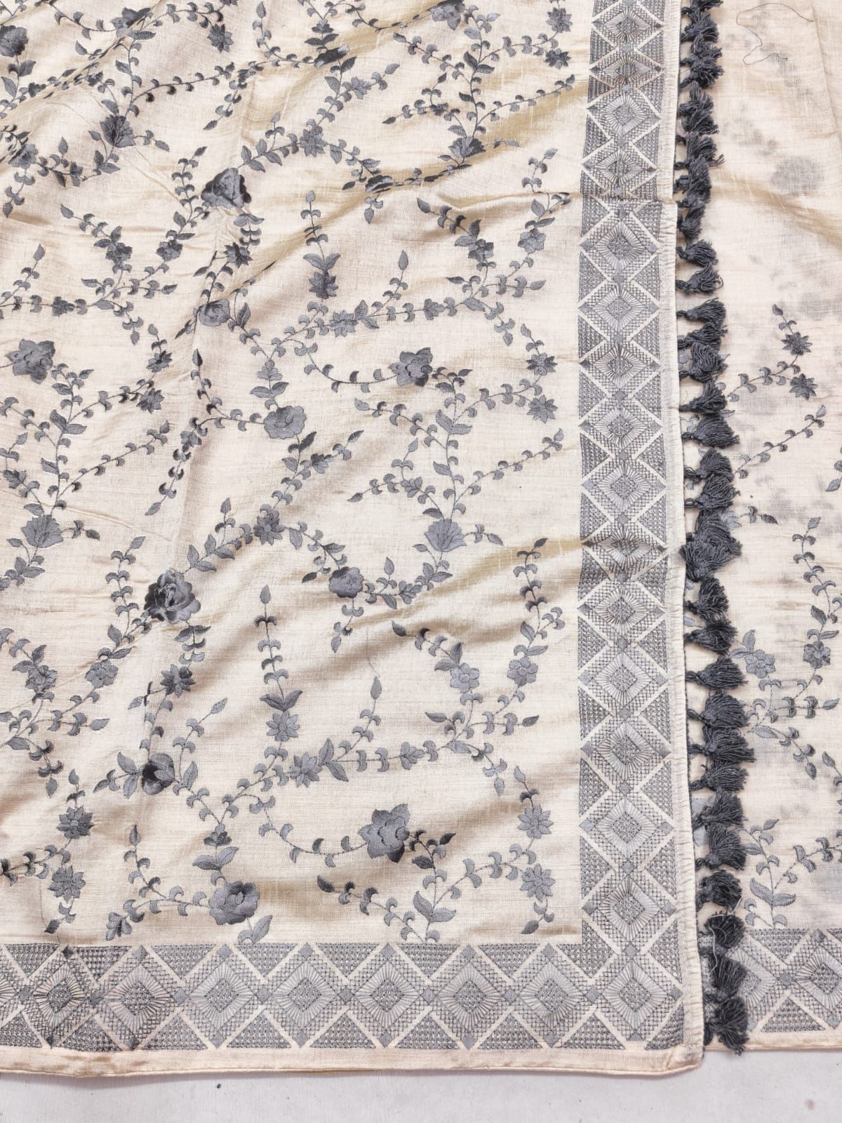 Magnificat Beige Embroidery Work Tussar Silk Saree With Unequalled Blouse Piece